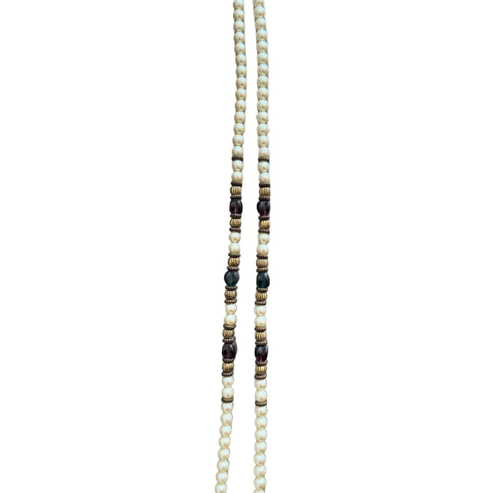 1980s Long Necklace by 1928 - Faux Pearls, Glass Beads, Brass Beads - 36.5"